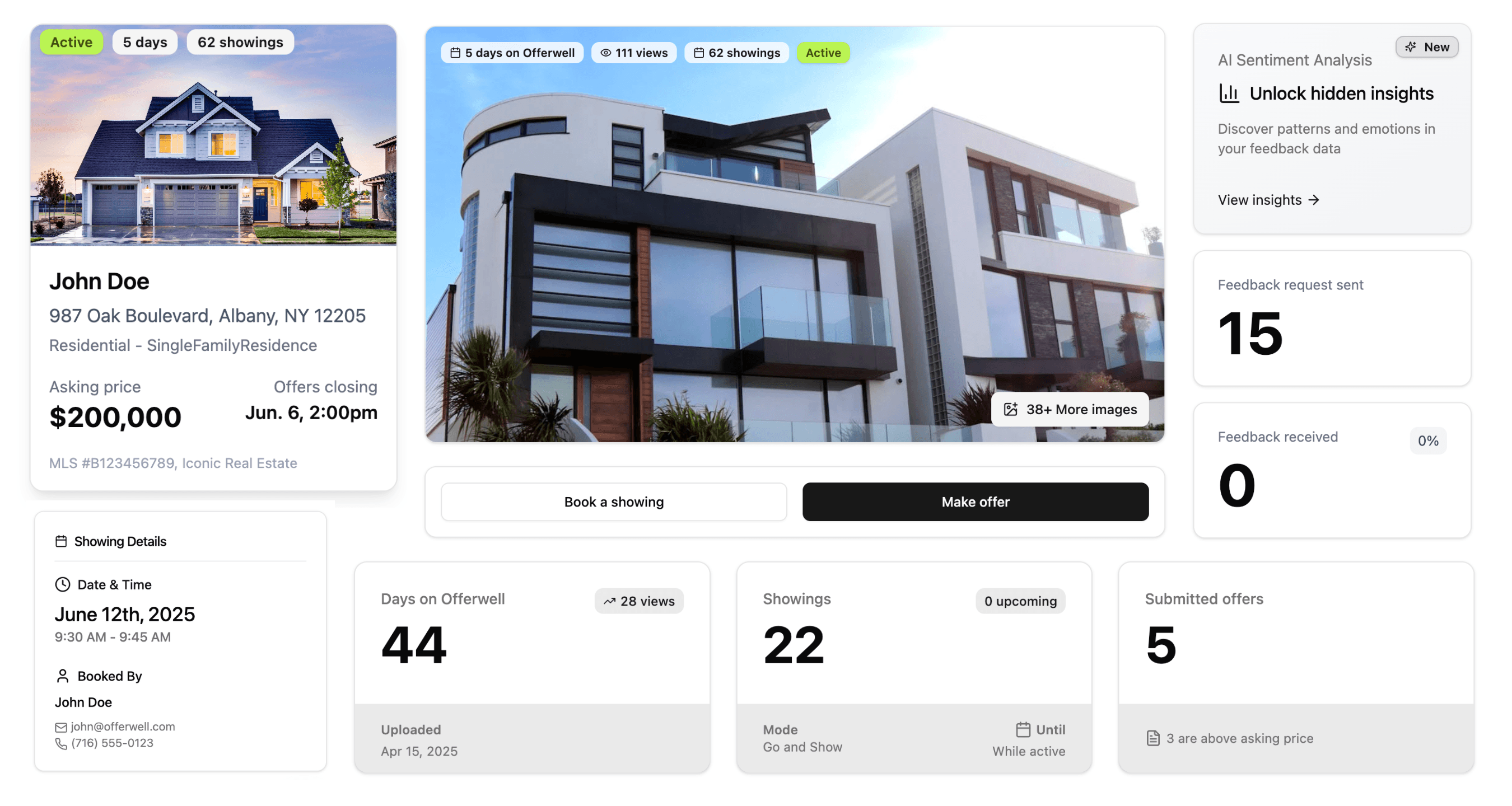 Offerwell platform interface showing property listings and scheduling